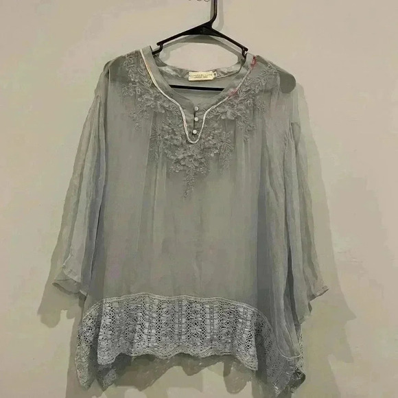 Johnny Was Silk Chiffon Top XS Pale Blue floral embroidered see through